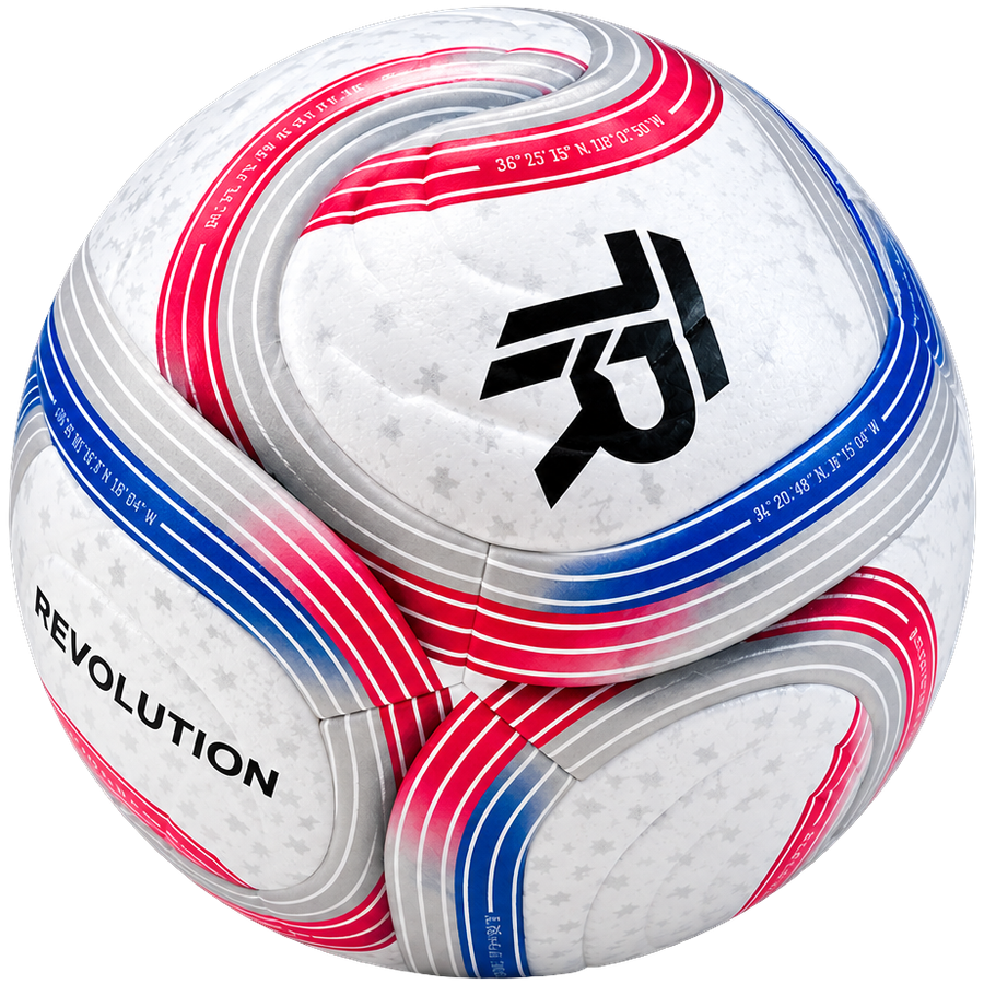 Revolution Plata — balón blanco con líneas rojas, azules y plateadas